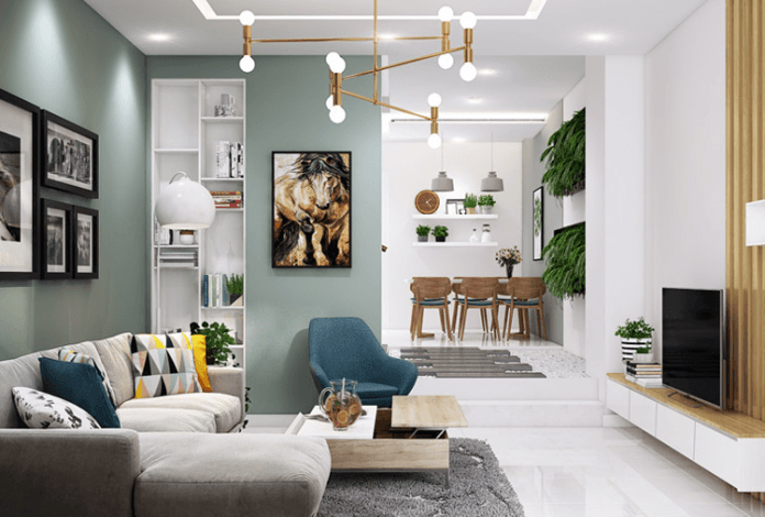 Phối cảnh 3D phòng khách minh họa đầu ra của gói thiết kế nội thất