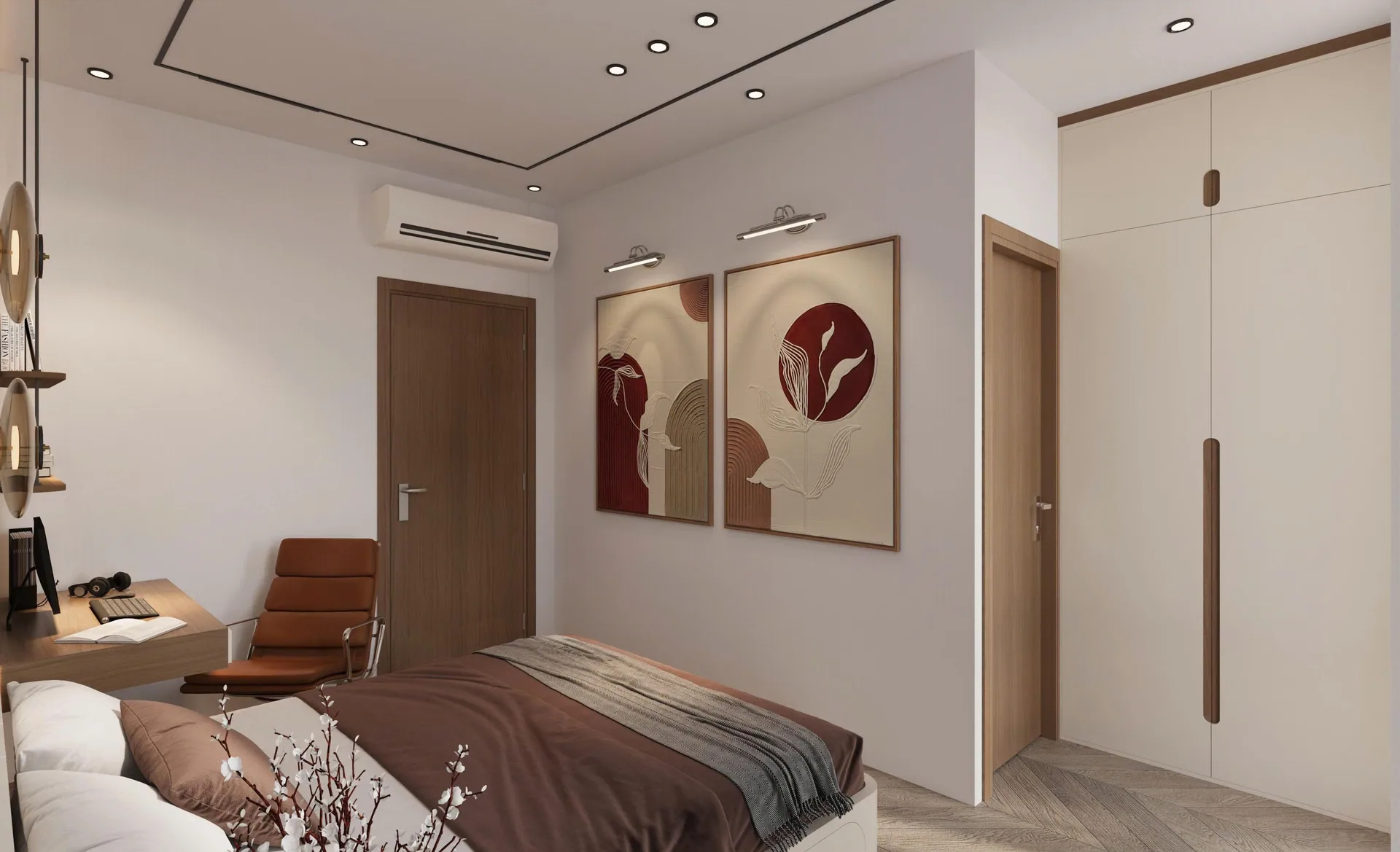 Phối cảnh 3D phòng ngủ con với bàn học và tủ áo