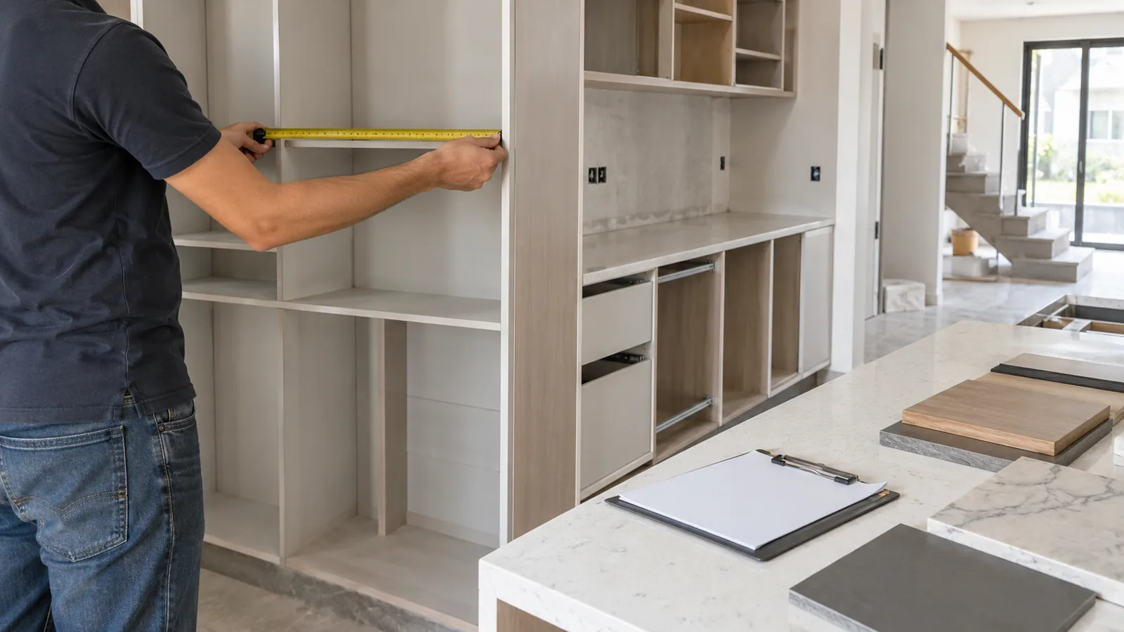Đo kích thước hệ tủ trước khi bóc báo giá nội thất nhà phố