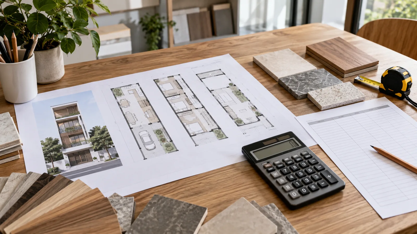 Mặt bằng, mẫu vật liệu và máy tính dùng lập dự toán nội thất nhà phố 4x15 m