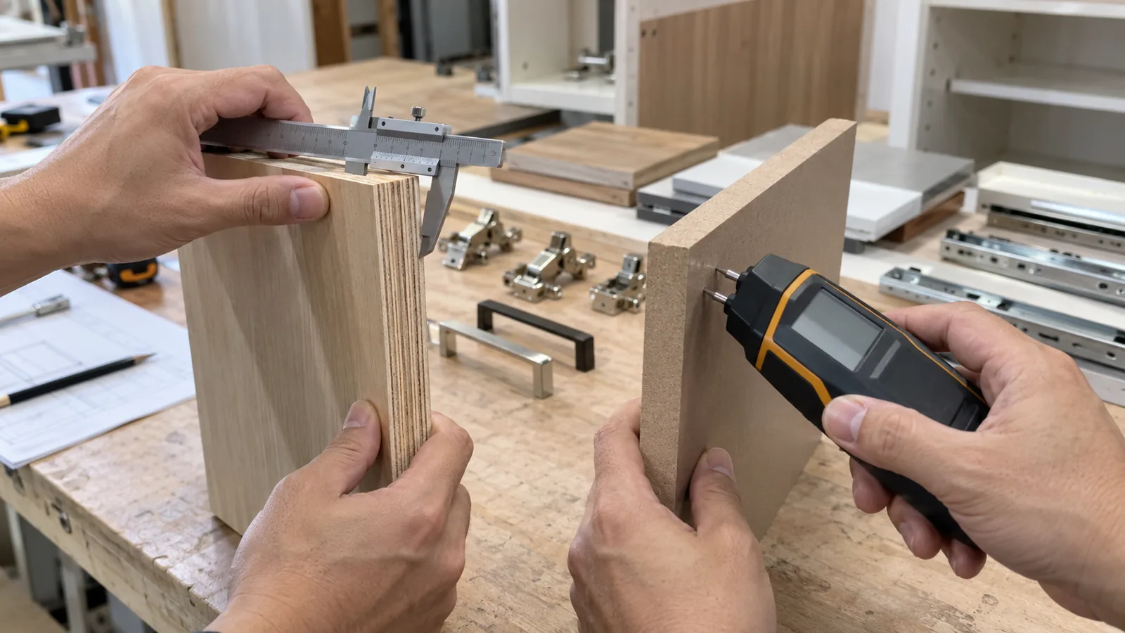 Dùng thước cặp và máy đo ẩm kiểm tra mẫu MDF, plywood trước sản xuất tủ bếp