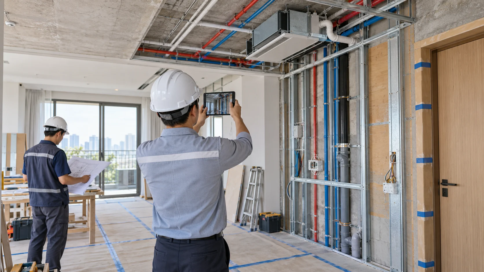 Giám sát chụp ảnh đường điện nước điều hòa trước khi đóng trần và vách