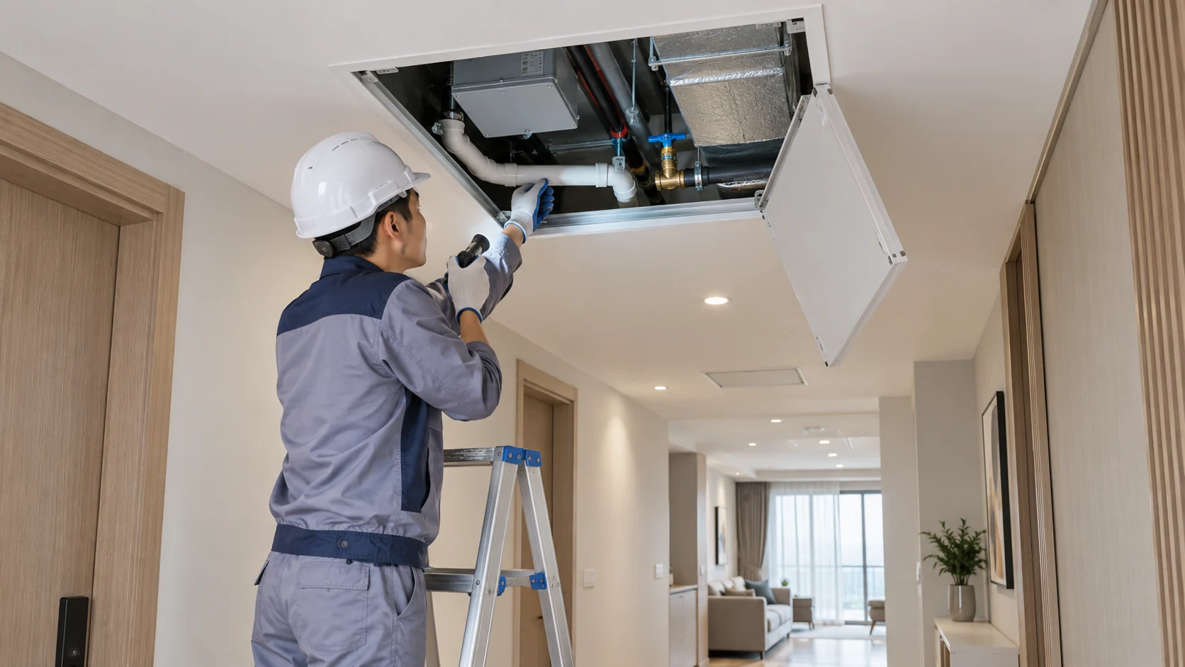 Kỹ thuật viên kiểm tra đường ống và hộp điện qua lỗ thăm trần