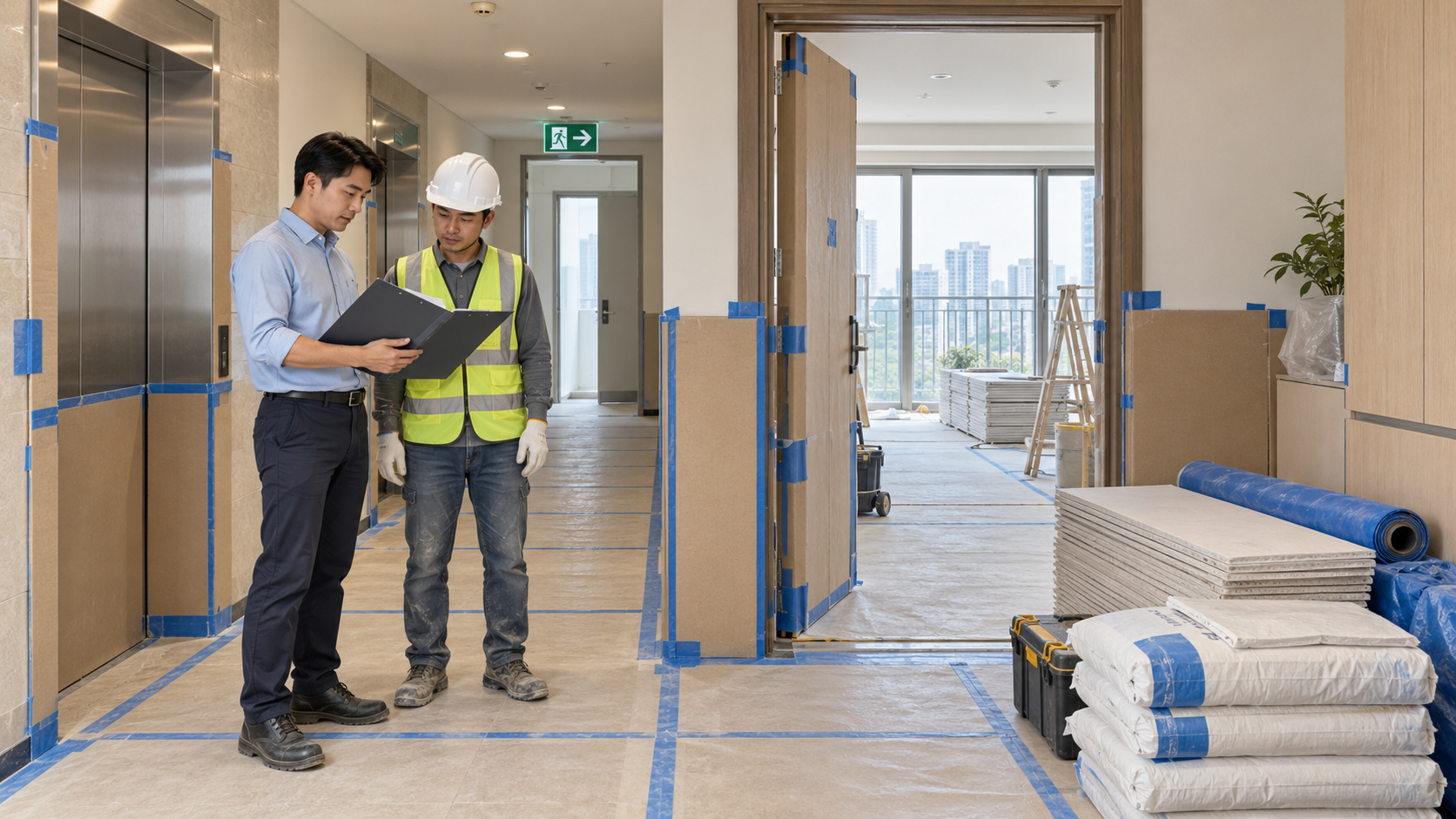 Giám sát kiểm tra bảo vệ sàn và thang máy trước khi thi công nội thất chung cư