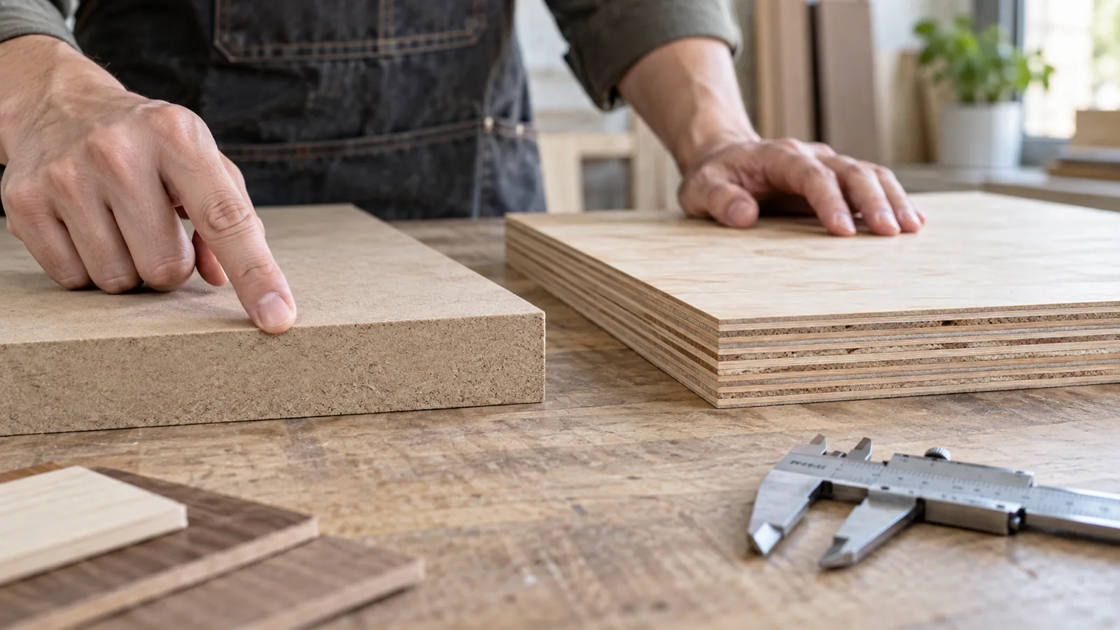 So sánh cạnh tấm MDF lõi sợi nén và plywood nhiều lớp veneer