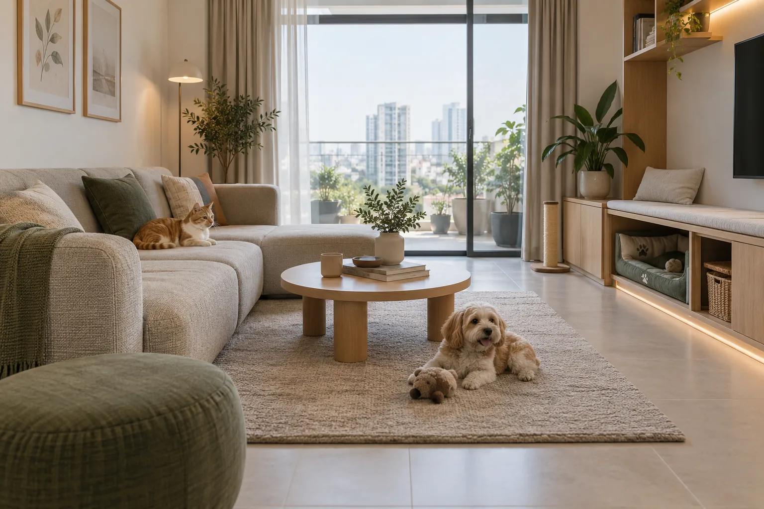 Thiết kế nội thất nhà có thú cưng với phòng khách dễ vệ sinh