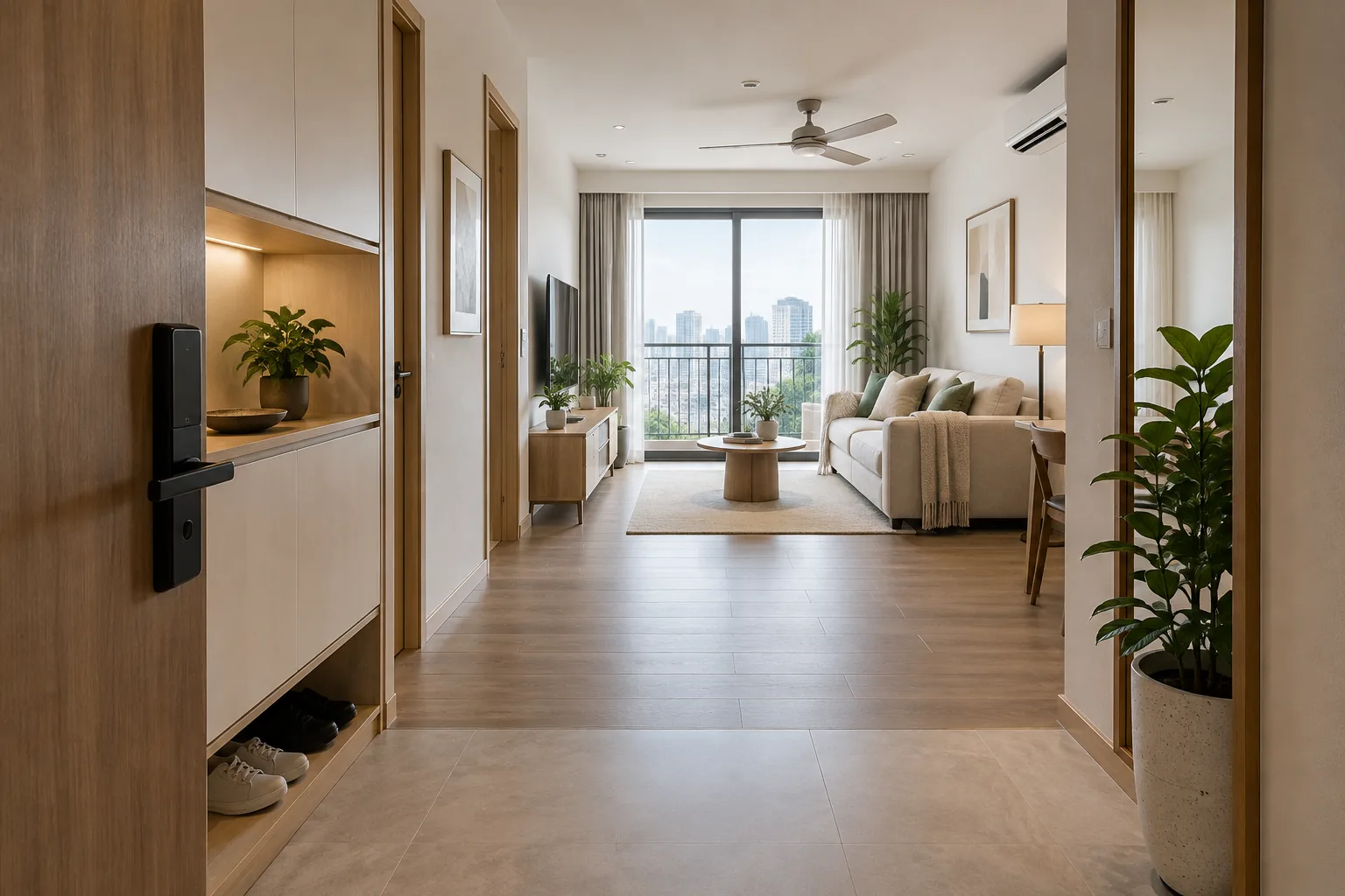 Phong thủy nội thất với lối vào gọn và phòng khách thông thoáng