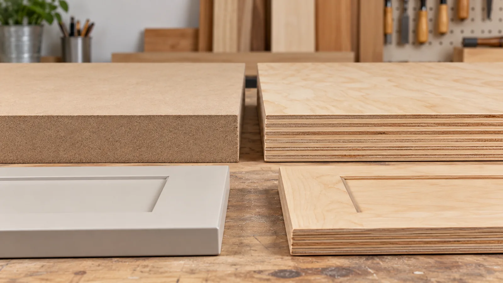 Mẫu ván MDF lõi đồng nhất và plywood nhiều lớp đặt cạnh nhau