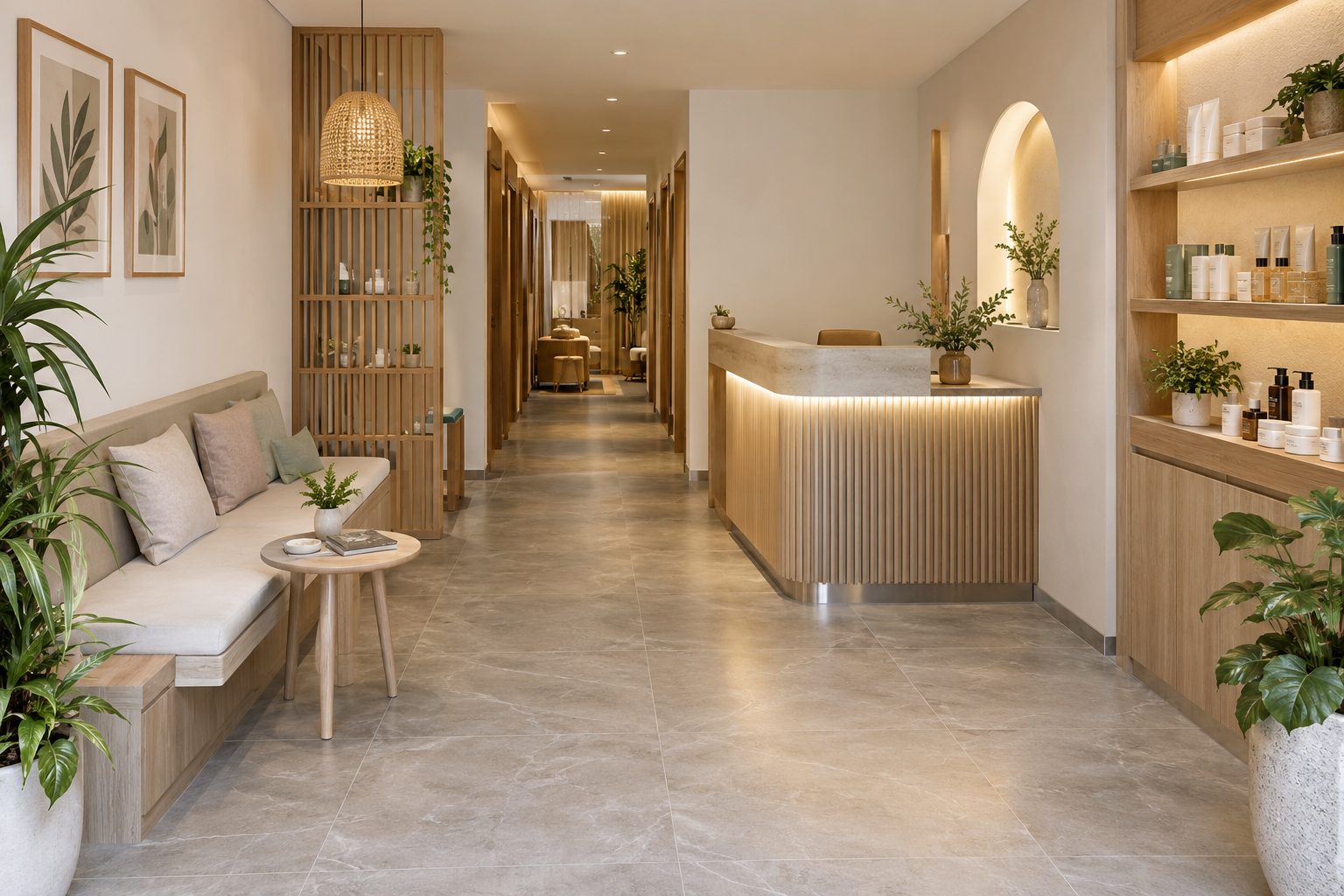 Ảnh minh họa bố trí lễ tân và lối đi khi thi công spa nhỏ 40m2