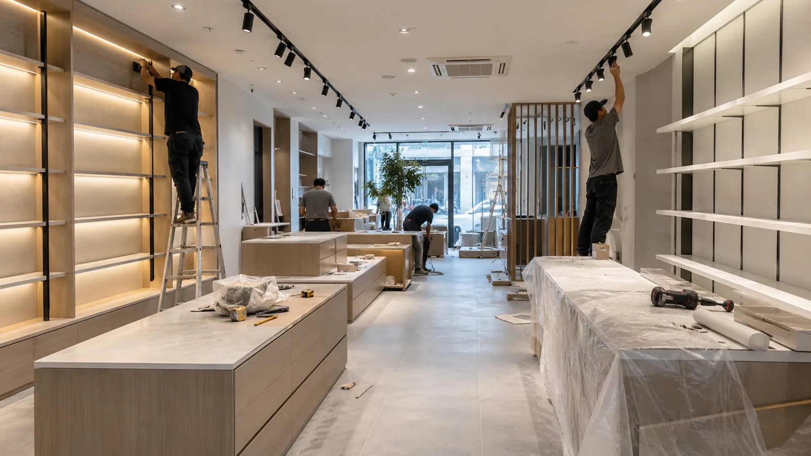 Thi công quầy kệ và hệ đèn ray cho showroom